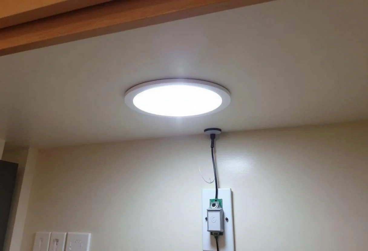 Anschließen der LED-Unterbauleuchte für die Küche an eine Stromquelle mit sichtbaren Kabeln.