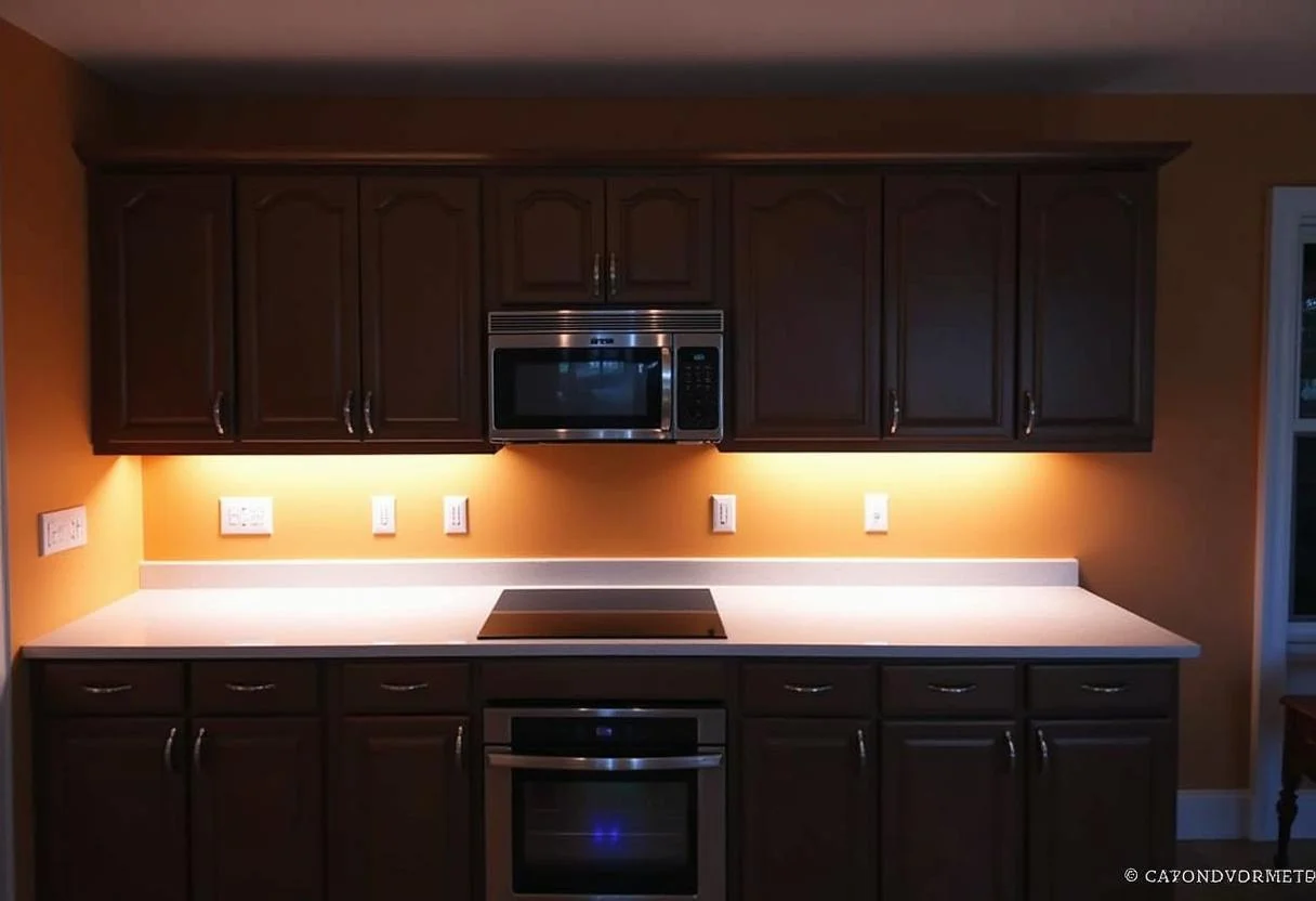 LED-Unterbauleuchte in der Küche eingeschaltet und schafft eine helle Atmosphäre.
