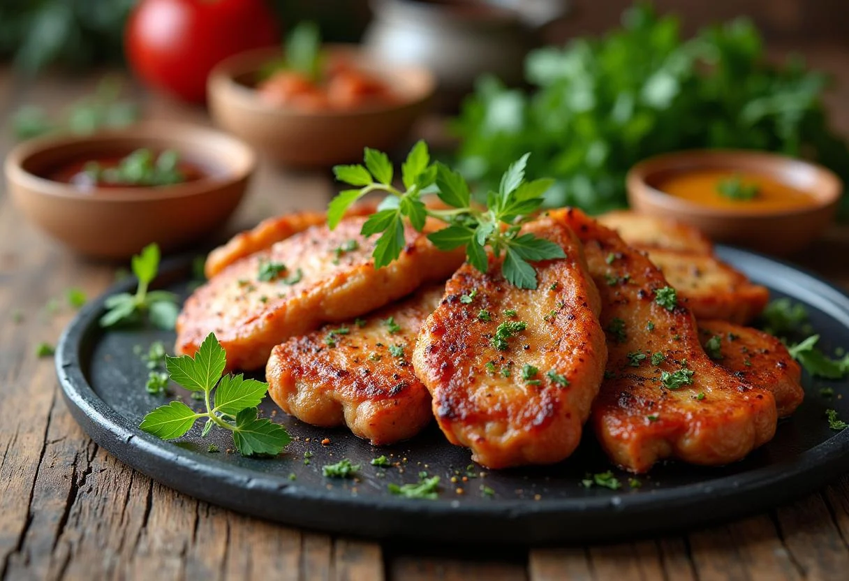 Delicious platter of Hertel Hähnchen grilled chicken with sides, perfect for any meal.