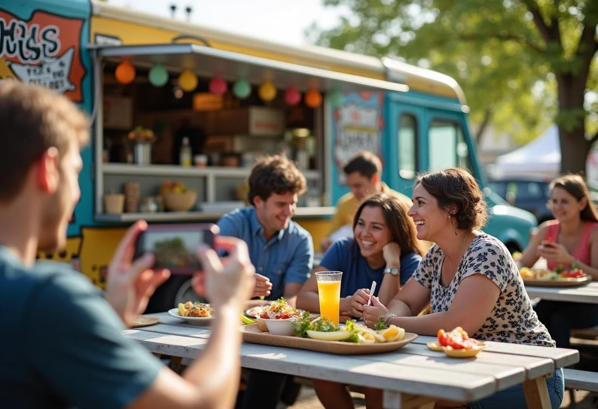 Happy customers enjoying Hertel Hähnchen meals at outdoor picnic tables.