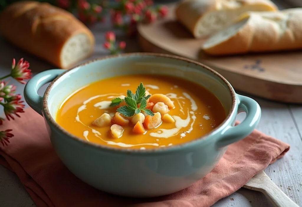 Delicious herzhafte Käse-Lauch-Suppe served with bread, ideal for a cozy meal.