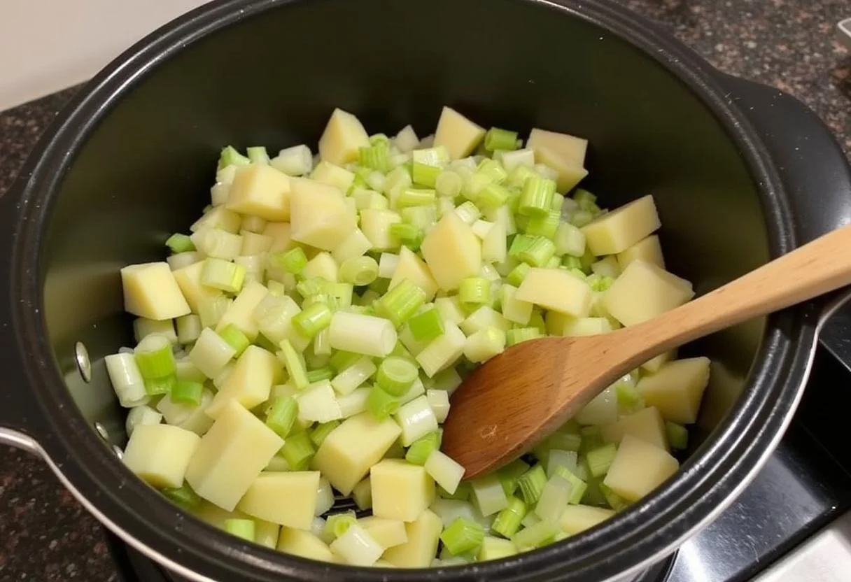 Chopped leeks and diced potatoes in a pot for herzhafte Käse-Lauch-Suppe preparation.
