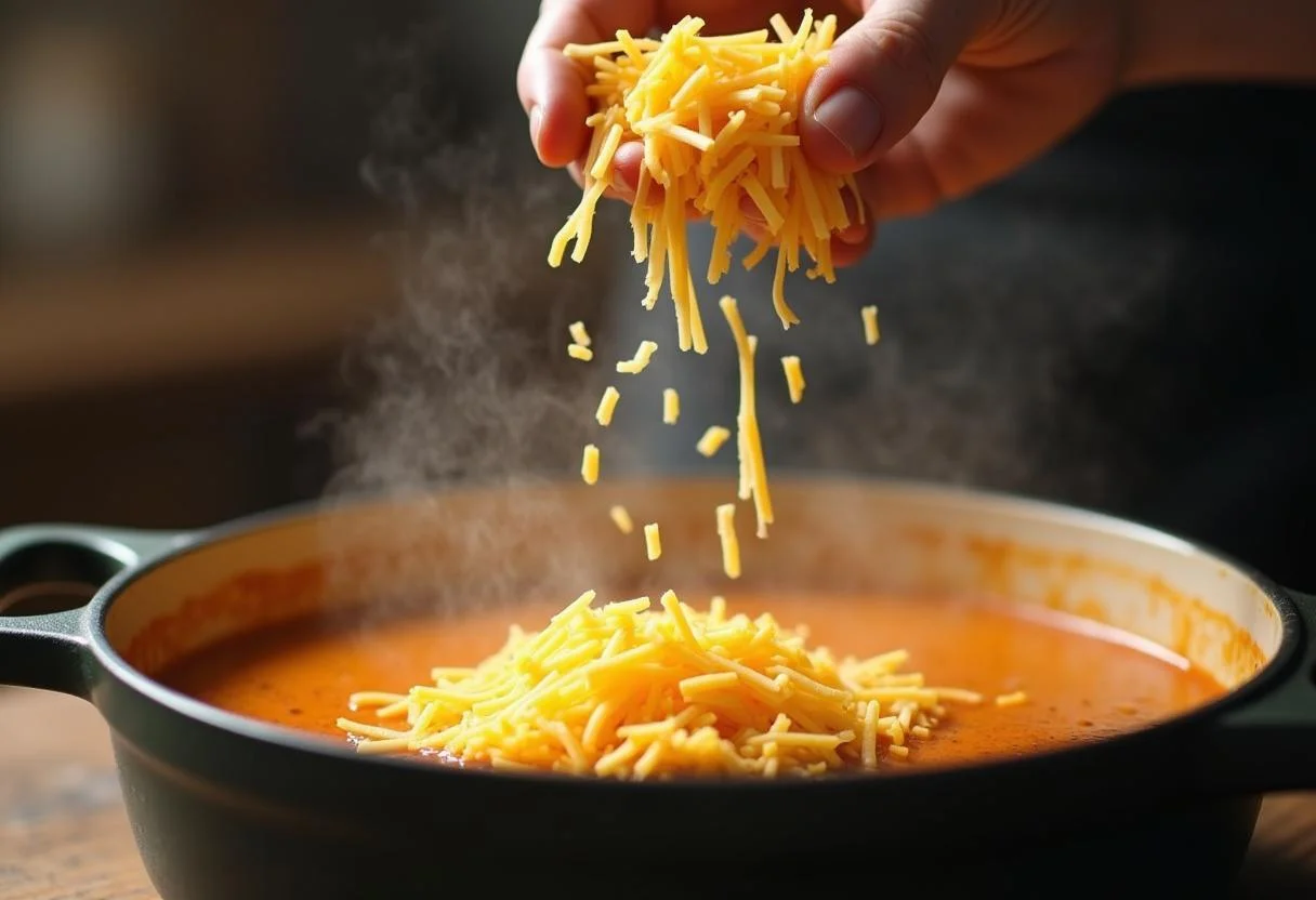 Grated cheese being added to the simmering herzhafte Käse-Lauch-Suppe for extra flavor.