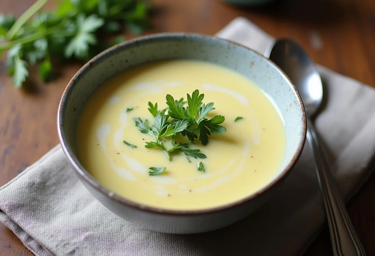 Creamy käse lauch suppe served in a bowl, ready to enjoy.