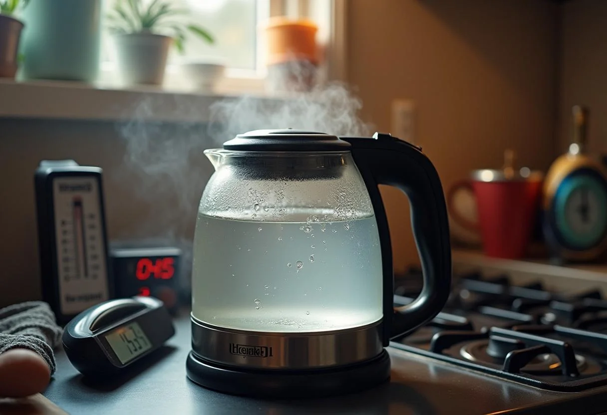 Wasser im Kessel erhitzt für die Zubereitung von Tee Sencha, optimale Temperatur für grünen Tee Sencha.