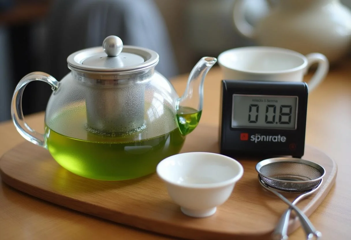 Die Zeit läuft, während Sencha Tee zieht, bereit zum Servieren von grünem Tee Sencha.