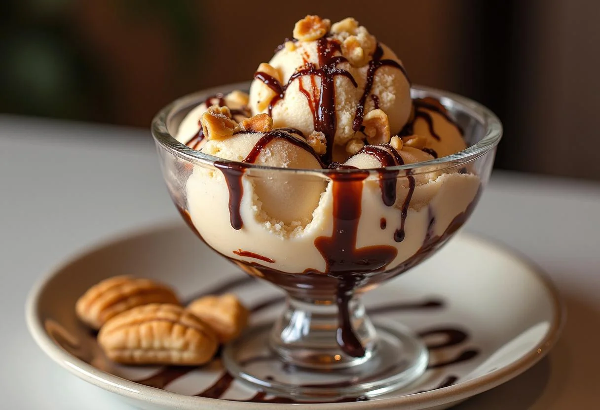 Leckeres Snickers Eis in einer eleganten Schüssel, ideal für den Kalorienvergleich.