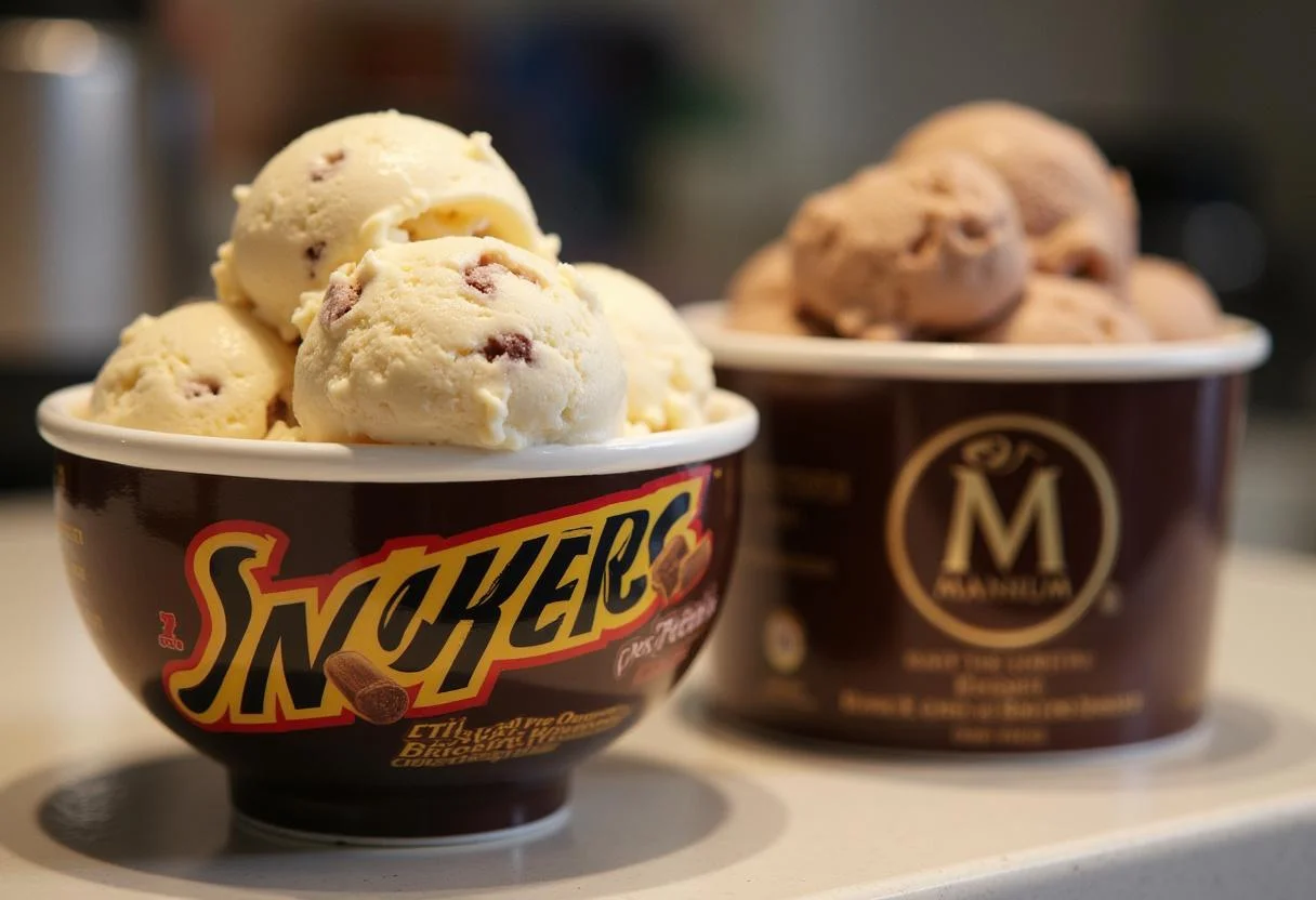Vergleich der Kalorien von Snickers und Magnum Eis in zwei Schüsseln.