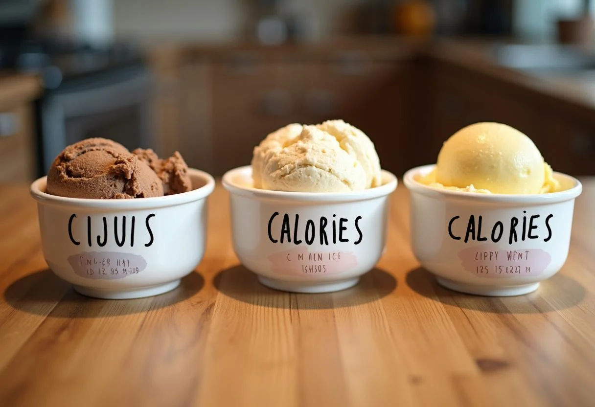 Display von Eiscreme-Sorten mit Kalorienangaben für Snickers, Magnum und Spaghetti Eis.