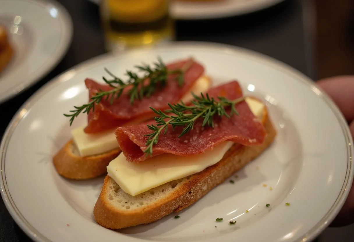 Präsentation von 1 Scheibe Brot, Käse und Wurst zur Kalorienzählung.