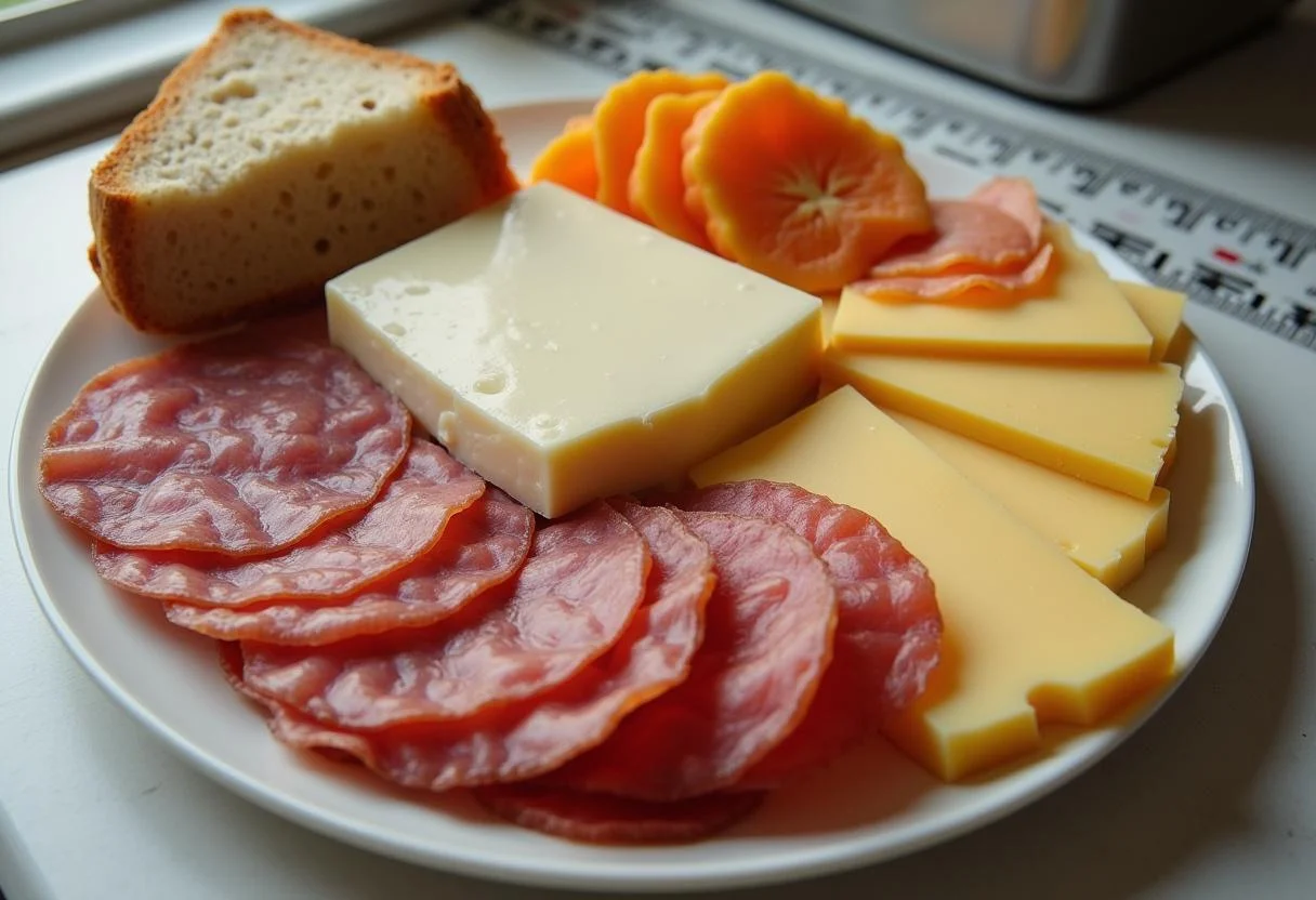 Anordnung von Käse und Wurst mit Kalorienzähler für 1 Scheibe Brot.