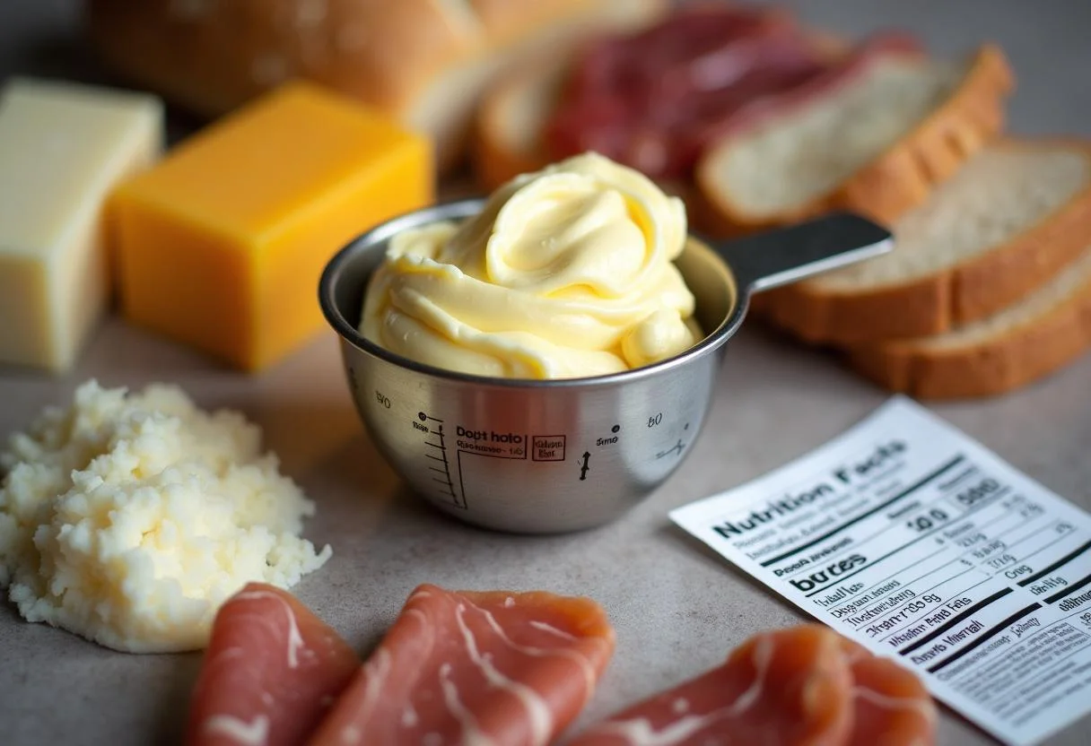 Messen der Kalorien für Brot, Käse und Wurst für gesunde Ernährung.