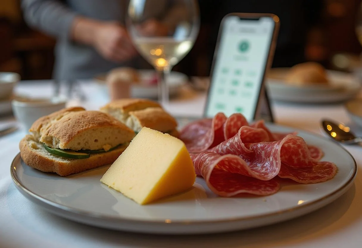 Tischarrangement mit Brot, Käse und Wurst zur Kalorienzählung.