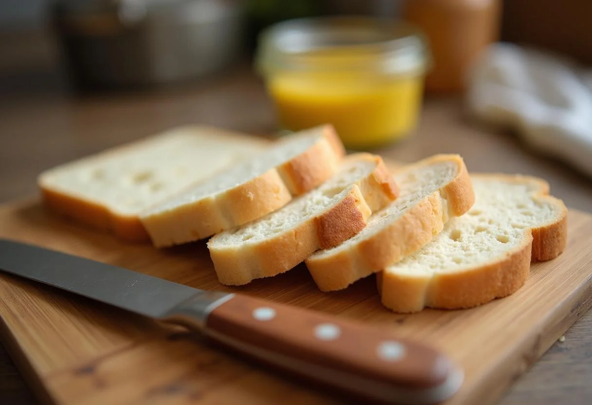 Kalorien scheibe brot auf einem Holzbrett vorbereitet für das Sandwich Rezept.