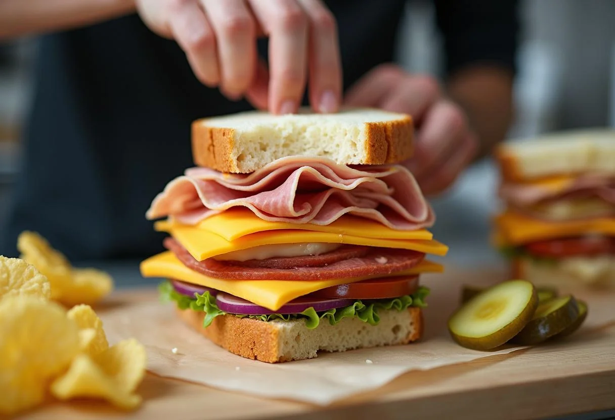 Kalorienreiche Sandwich-Zutaten werden zusammengefügt für das perfekte Gericht.