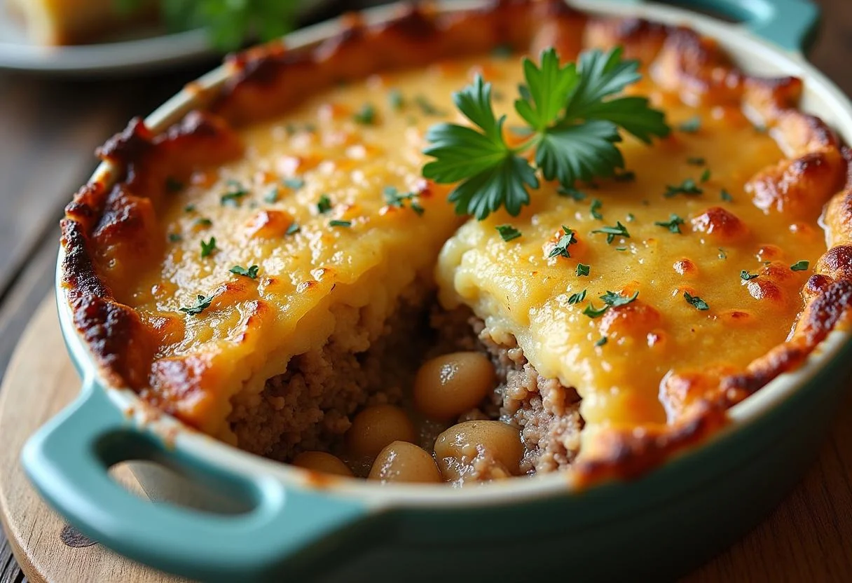 Fertiger Kartoffel-Hackfleisch-Auflauf mit frischen Kräutern, perfekt für ein herzhaftes Essen.