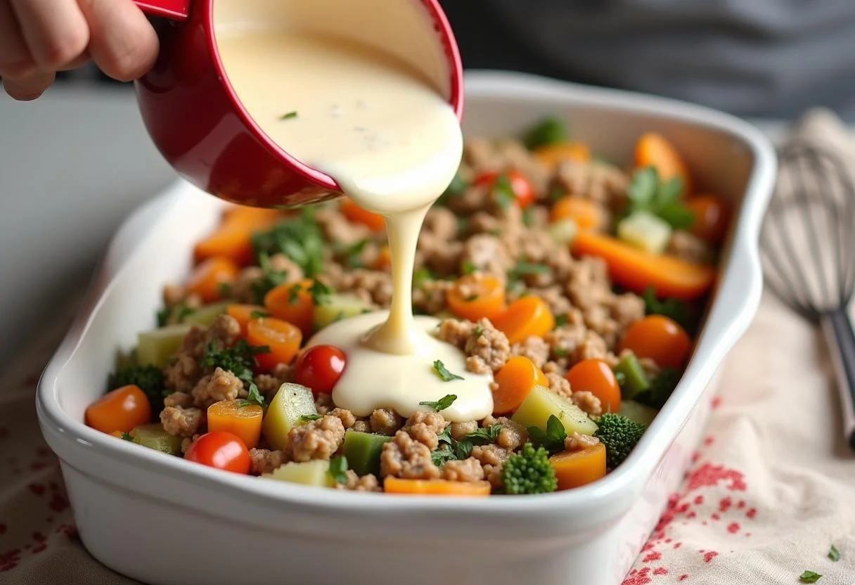 Cremige Sauce wird über den Kartoffel-Hackfleisch-Auflauf gegossen.