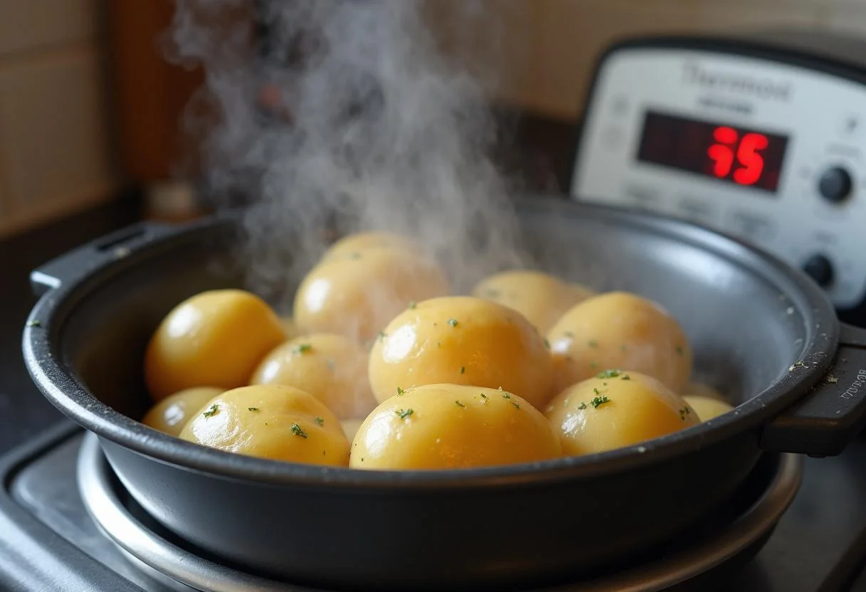 Dampf steigt aus dem Thermomix während des Kartoffel Kochens, ideal für Kartoffeln kochen mit Thermomix.