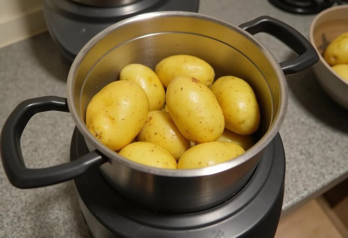 Gekochte Kartoffeln im Thermomix Mixtopf, bereit zum Servieren nach dem Kartoffeln kochen im Thermomix.