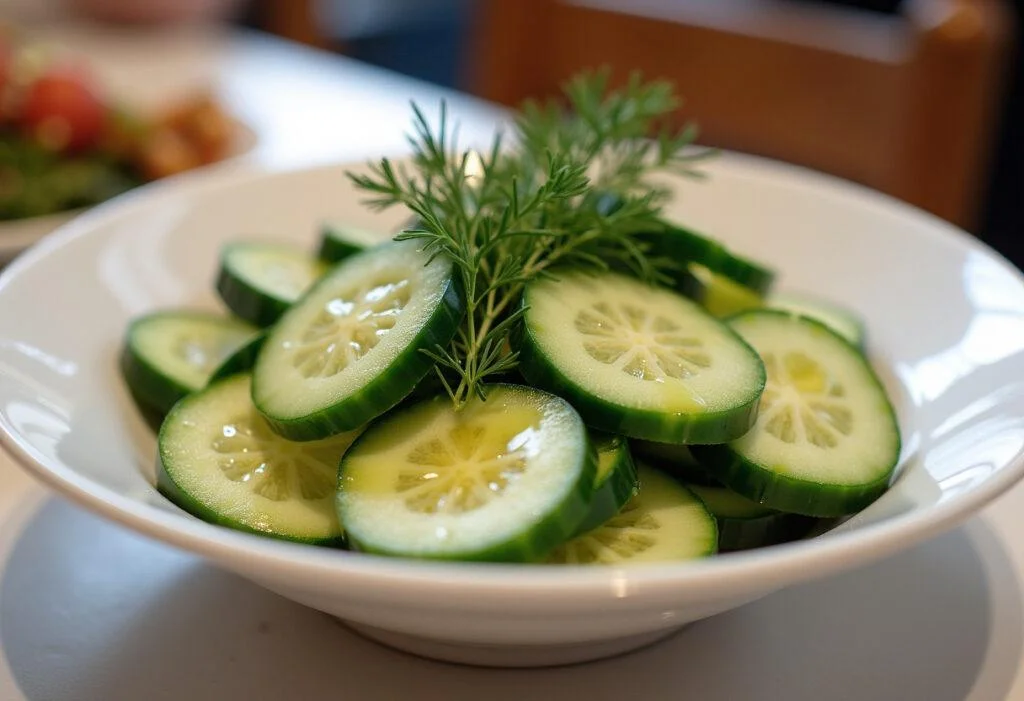 Fertig angerichteter klassischer Gurkensalat mit Dill, ideal für jede Mahlzeit.