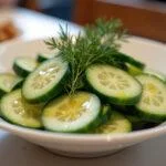 Fertig angerichteter klassischer Gurkensalat mit Dill, ideal für jede Mahlzeit.