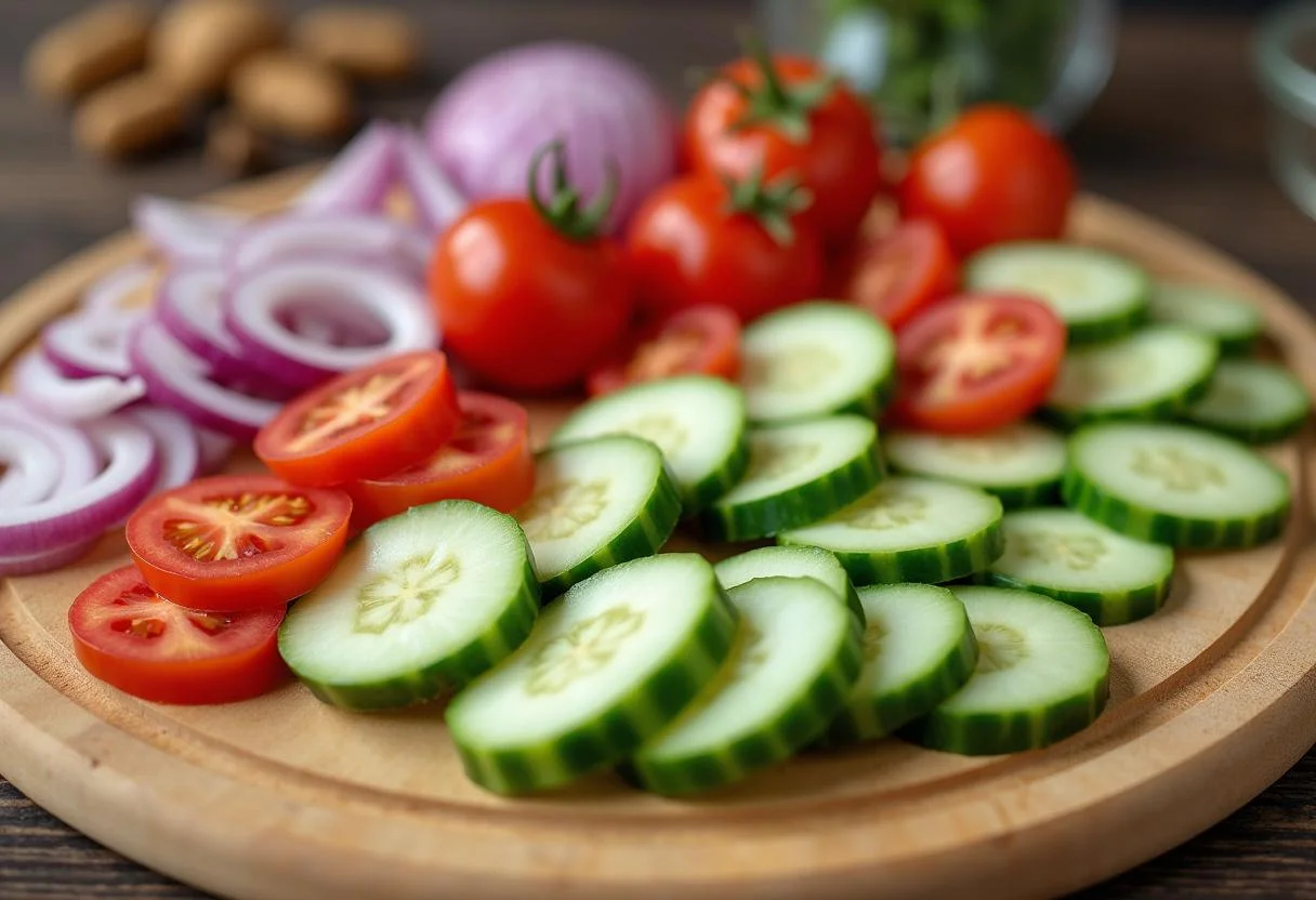 Frisch geschnittene Gurken und Tomaten auf einem Schneidebrett für klassischer Gurkensalat mit Dill.