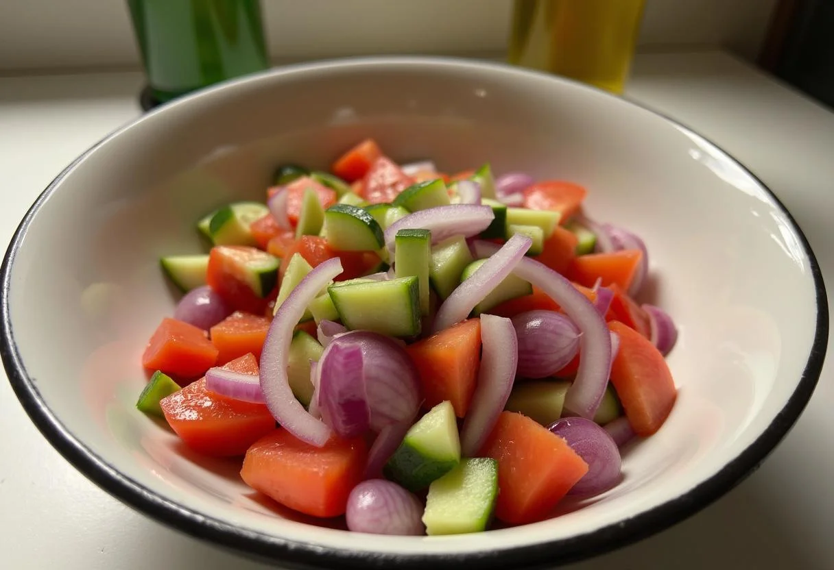 Zutaten für Tomaten Gurken Salat vorbereitet in einer Schüssel für klassischer Gurkensalat mit Dill.