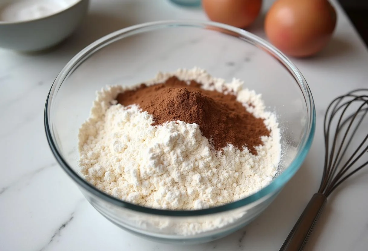 Zutaten für den klassischer Schokokuchen: Mehl, Kakaopulver und Backpulver in einer Schüssel.