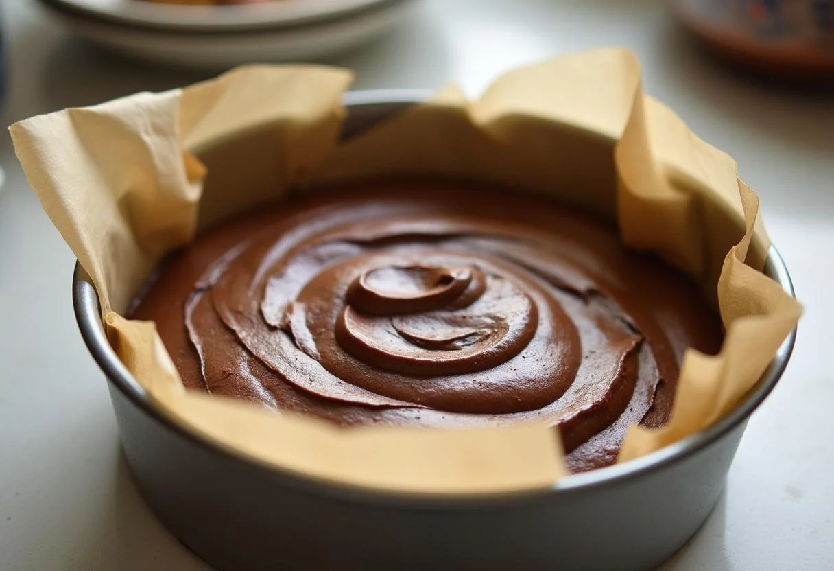 Batter für den klassischer Schokokuchen in einer Backform, bereit zum Backen.