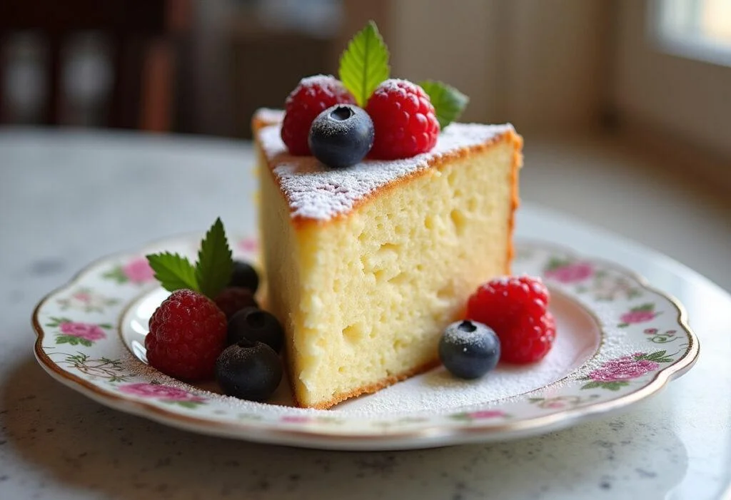 Fertiger klassischer vanille kuchen, serviert mit frischen Beeren und Puderzucker für besondere Anlässe.
