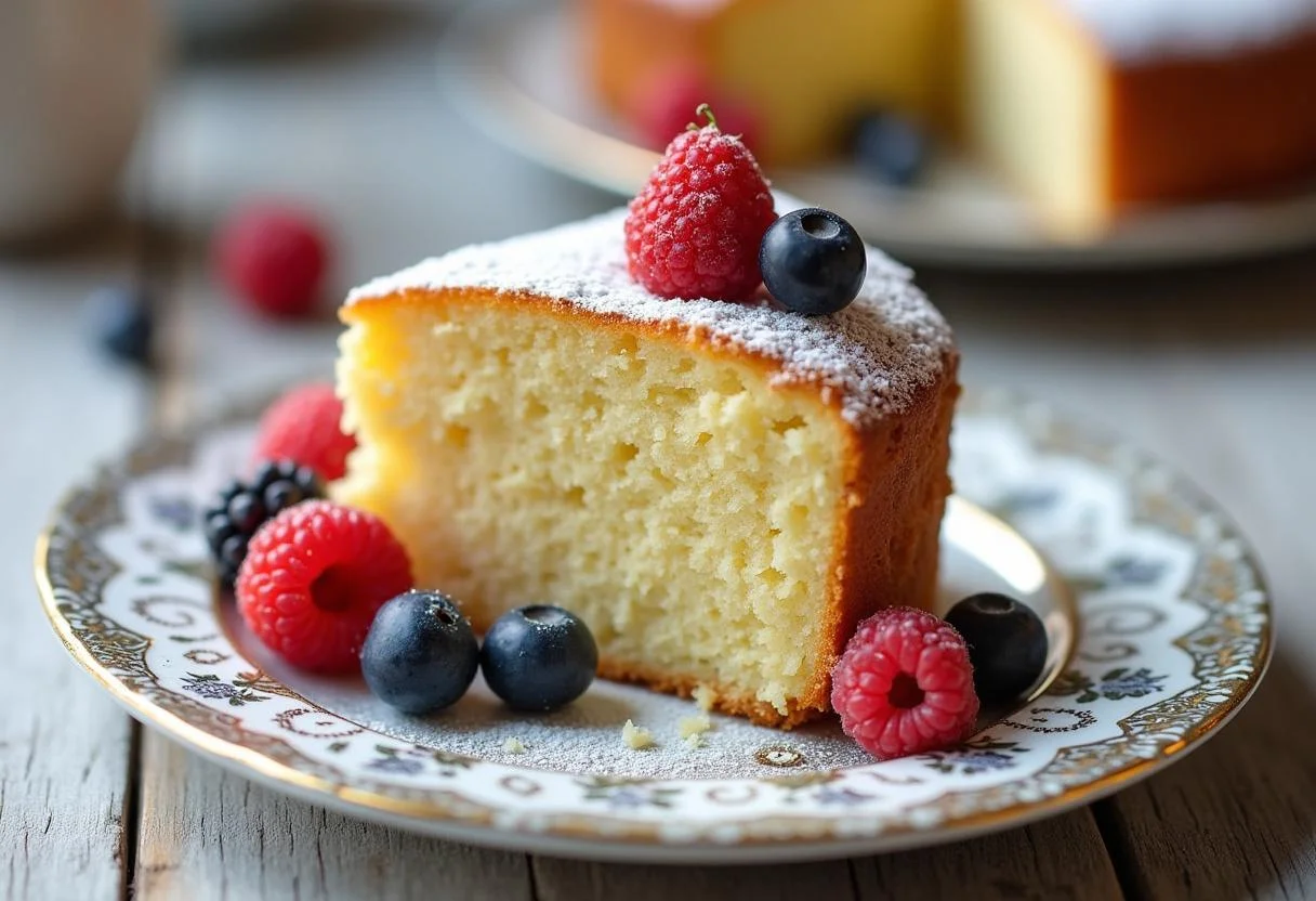 Fertiger klassischer vanille kuchen, serviert mit frischen Beeren und Puderzucker für besondere Anlässe.