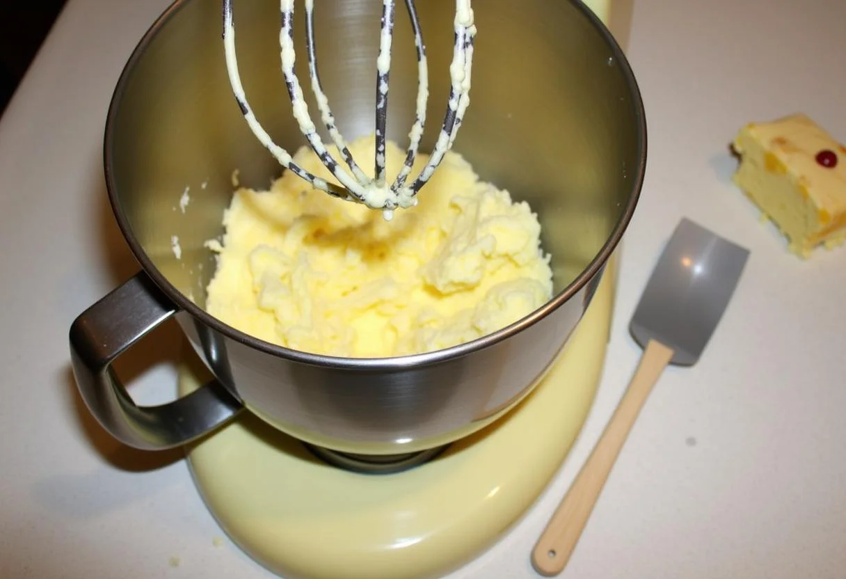 Butter und Zucker werden in einem Standmixer für das rezept vanille kuchen geschlagen.