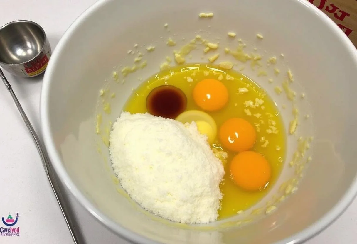Vorbereitung der Mischung für vanille kuchen mit Eiern und Vanilleextrakt für das rezept.