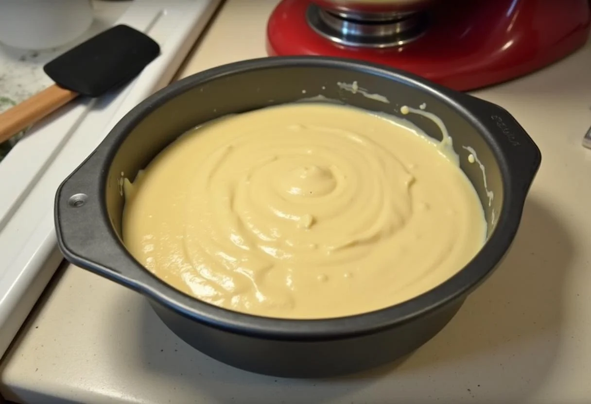 Batter für den vanille kuchen in einer Backform, bereit zum Backen nach vanille kuchen rezepte.