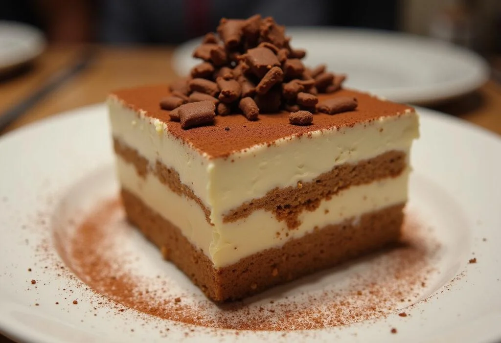 Finished tiramisu ohne Alkohol und Eier, a delightful dessert on a decorative plate.