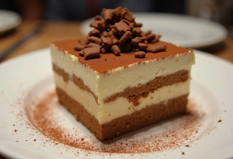 Finished tiramisu ohne Alkohol und Eier, a delightful dessert on a decorative plate.