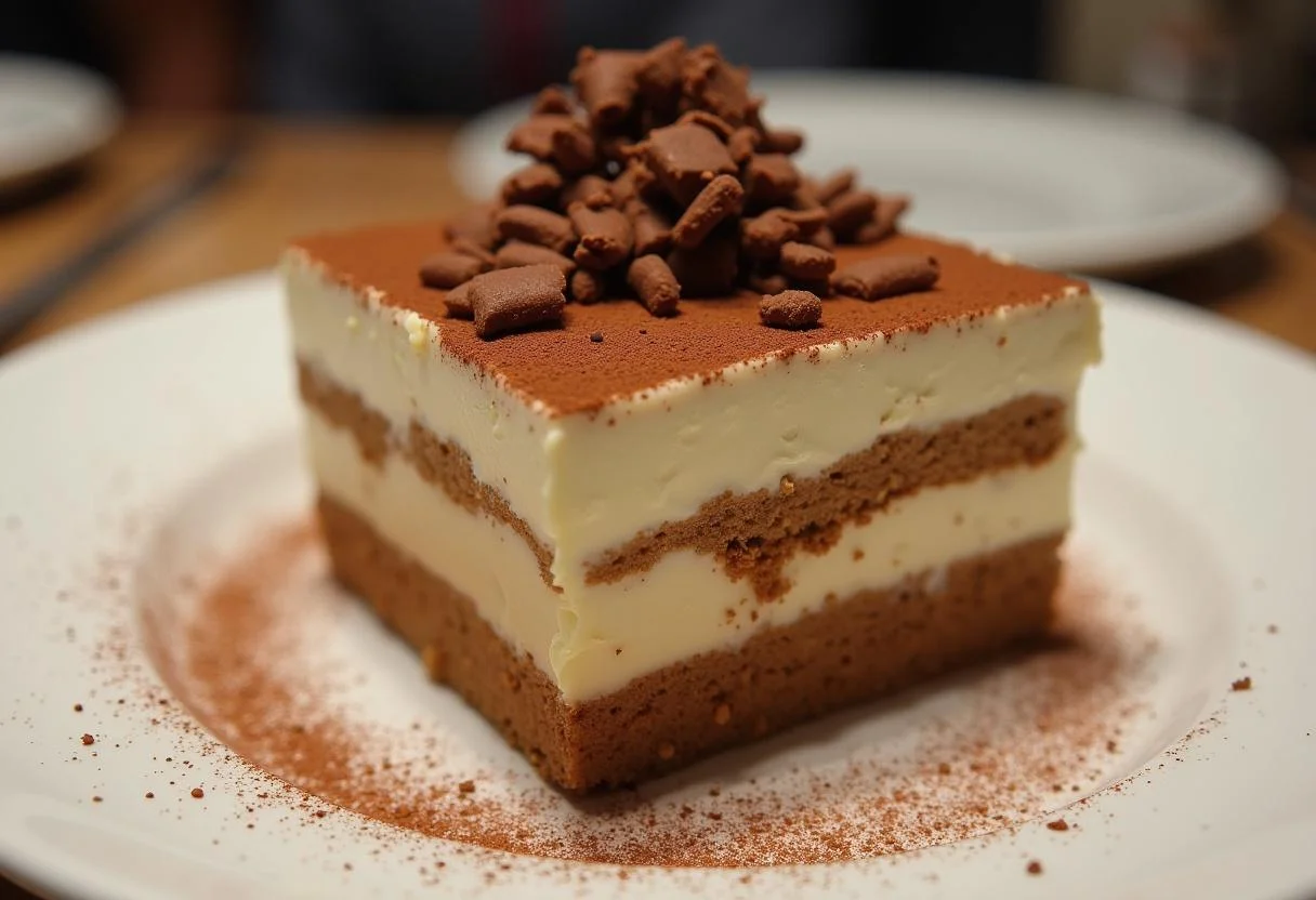 Finished tiramisu ohne Alkohol und Eier, a delightful dessert on a decorative plate.