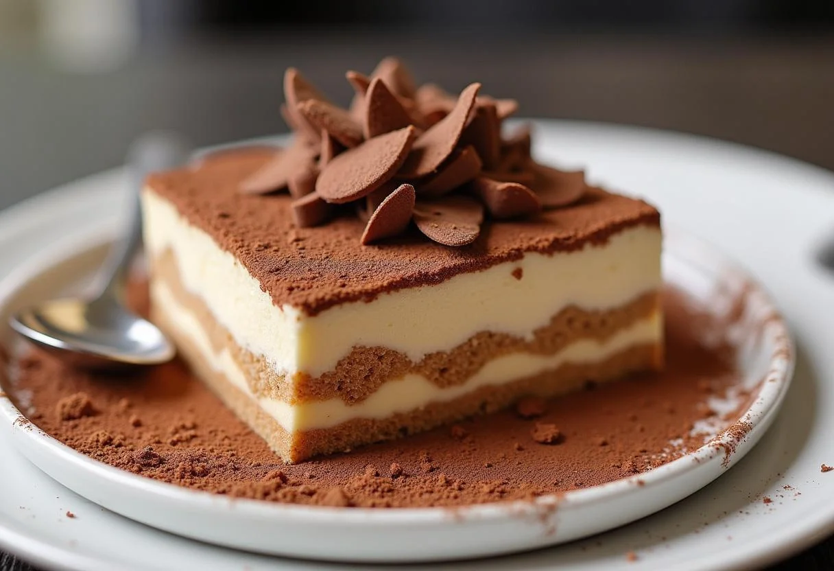 Finished tiramisu ohne Alkohol und Eier, a delightful dessert on a decorative plate.