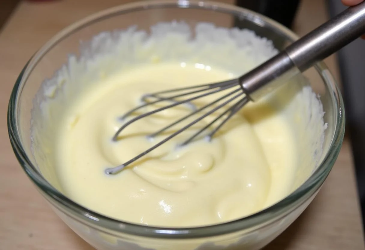 Mascarpone cheese and cream being blended for tiramisu ohne Alkohol und Eier.