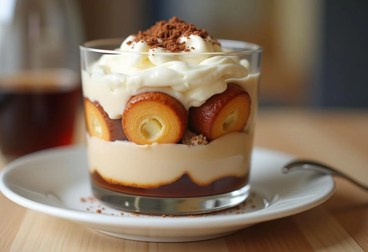 Layers of coffee-soaked ladyfingers and mascarpone mixture for klassisches Tiramisu ohne Alkohol und Ei.