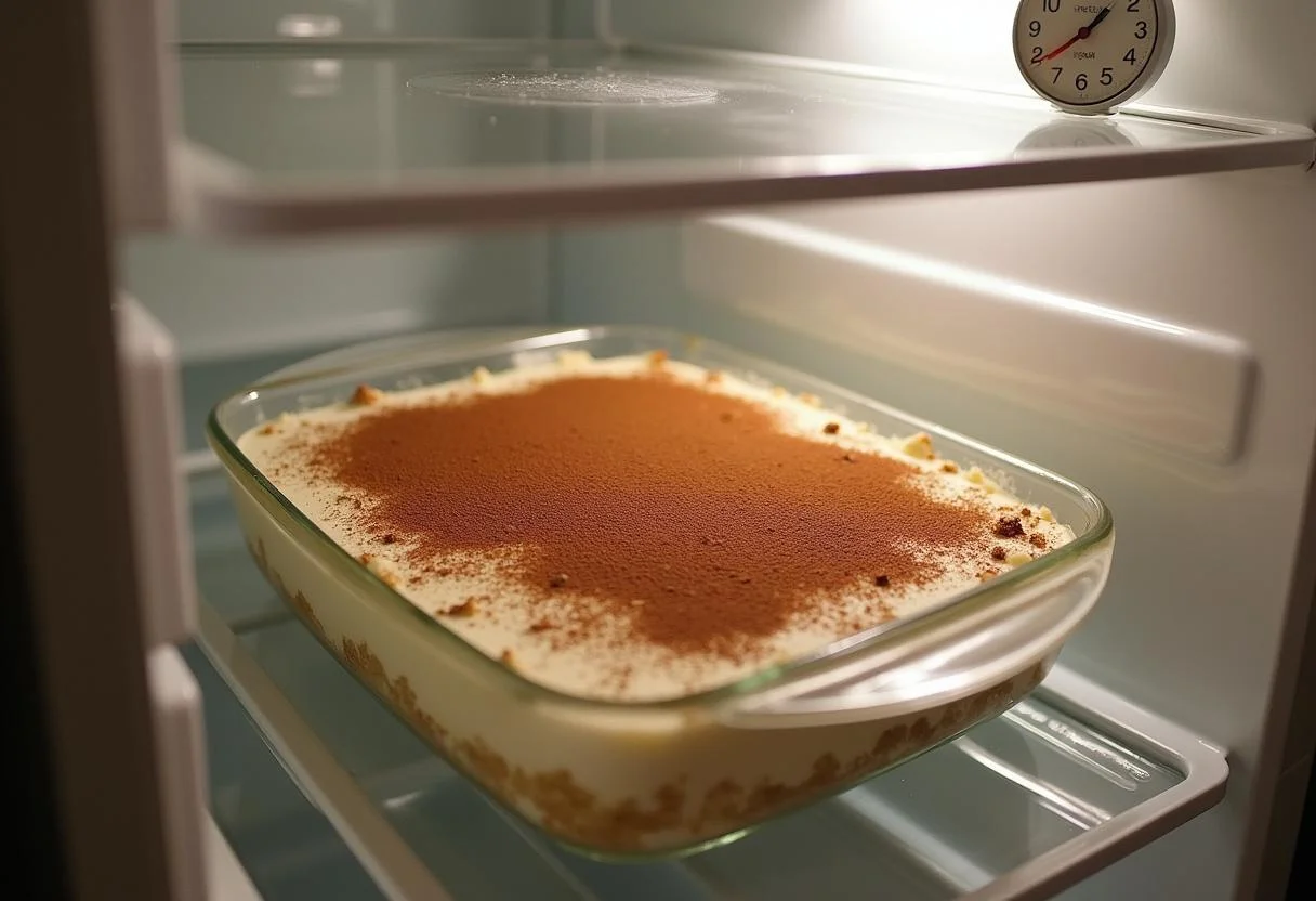 Tiramisu ohne Alkohol und eier placed in the refrigerator to chill.