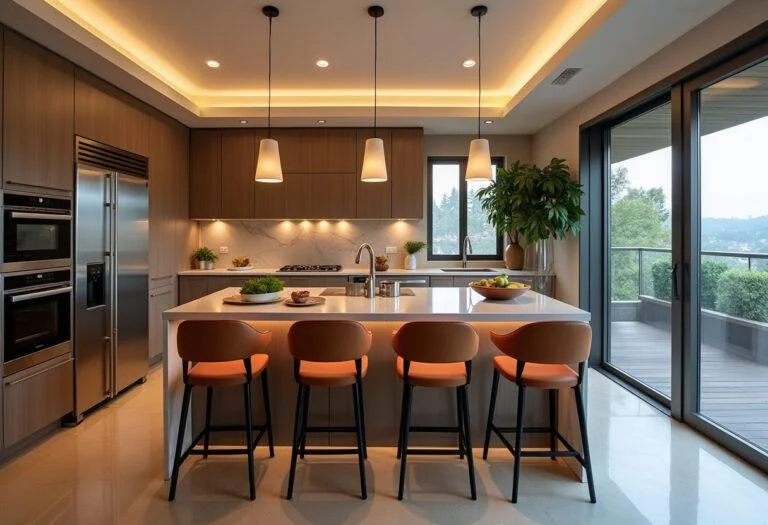 Fertiggestellte moderne Küchen mit einer schönen Insel, ideal für stilvolles Wohnen und Unterhaltung.