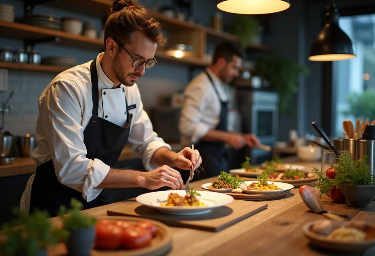 Kücheninselküche mit einem Koch, der frische Zutaten für ein Gericht vorbereitet, perfekt für moderne Nutzungen.