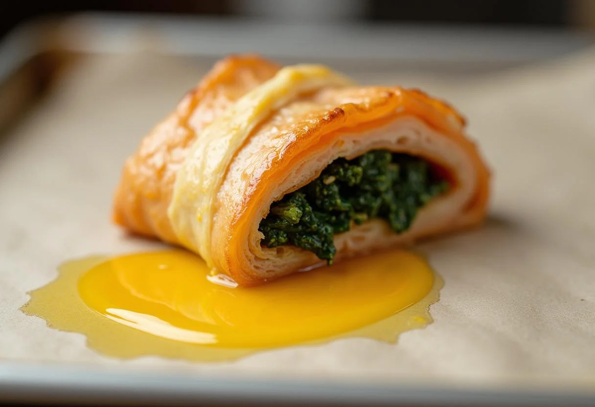 Lachs im Blätterteig mit Spinat, hübsch verpackt auf einem Backblech vor dem Backen.