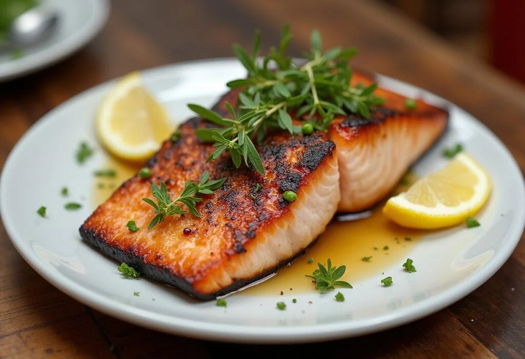 Gegrillter Lachs perfekt zubereitet, ideal zum Servieren bei Grillfesten.