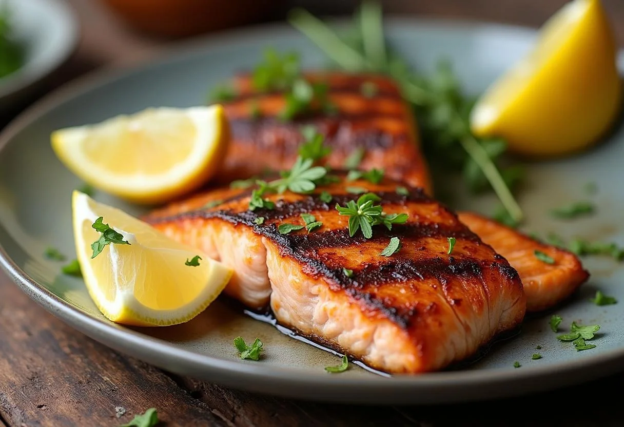 Gegrillter Lachs perfekt zubereitet, ideal zum Servieren bei Grillfesten.