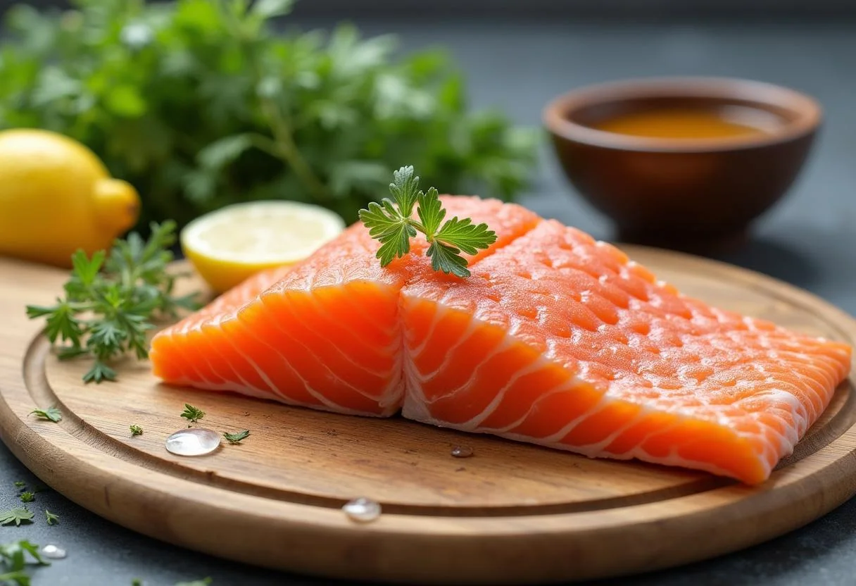 Frischer Lachs auf einem Brett für die perfekte Marinade zum Grillen von Lachs.