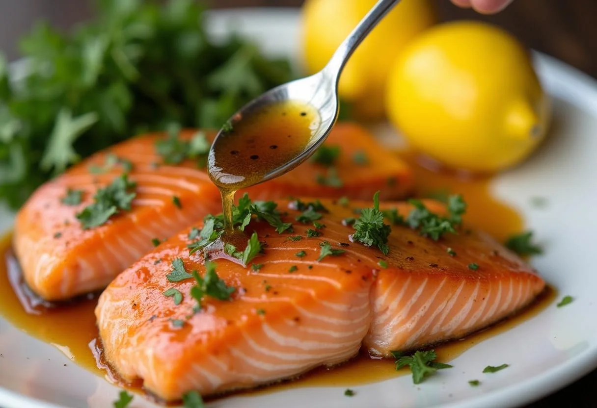Marinade wird auf den Lachs aufgetragen für das perfekte Grillen von Lachs.