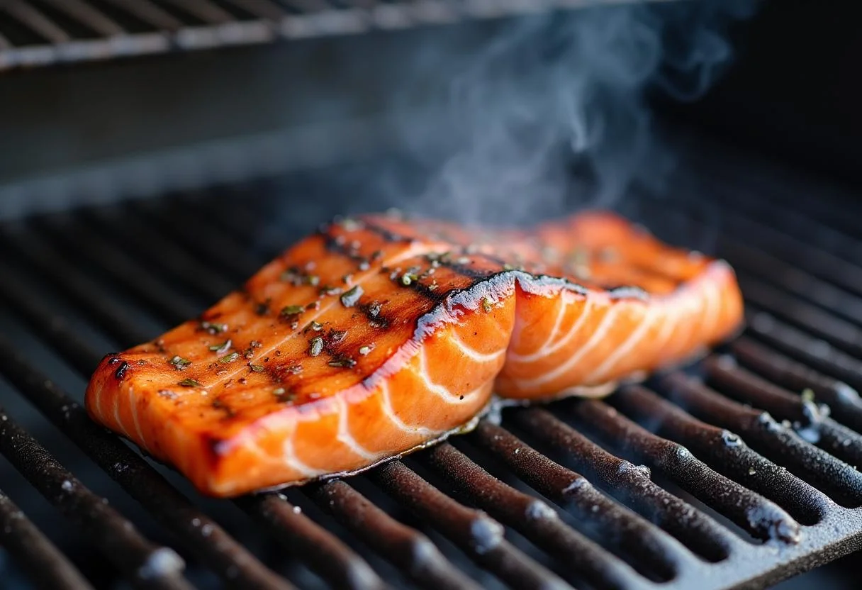 Lachs auf einem Gasgrill, der perfekt mariniert und gegrillt wird.