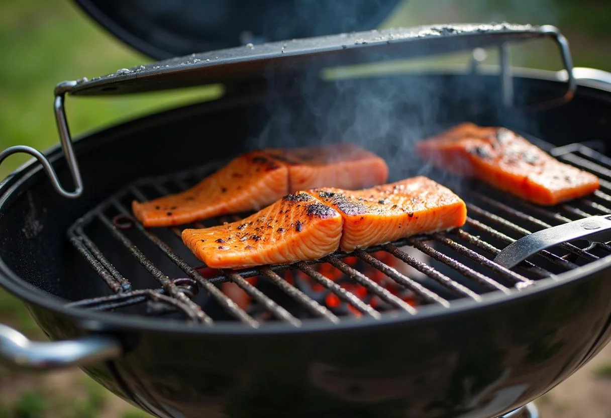 Der Gasgrill ist geschlossen, während der marinierte Lachs perfekt gegrillt wird.